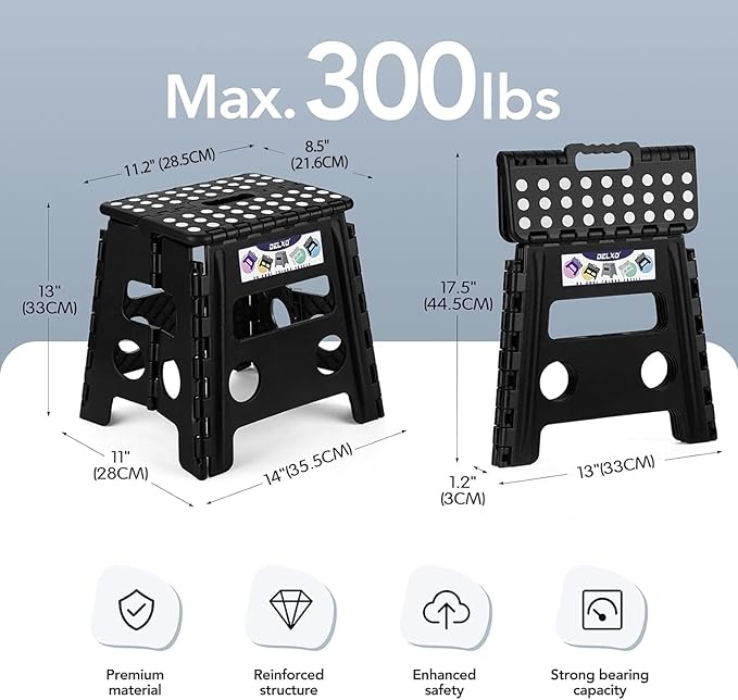 Delxo Folding Step Stool, 13 inch Non-Slip Foldable Stools Up to 300 LBS, Step Stool with Handle, Lightweight for Kitchen, Bathroom, Bedroom, Garden, Black, 1PC