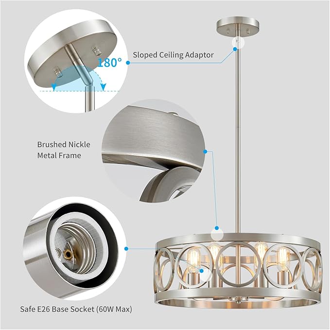 XINGQI 6-Light Modern Chandelier Brushed Nickel Farmhouse Dining Room Chandeliers, 21.7'' Drum Pendant Light Fixture Height Adjustable for Living Room Home Office