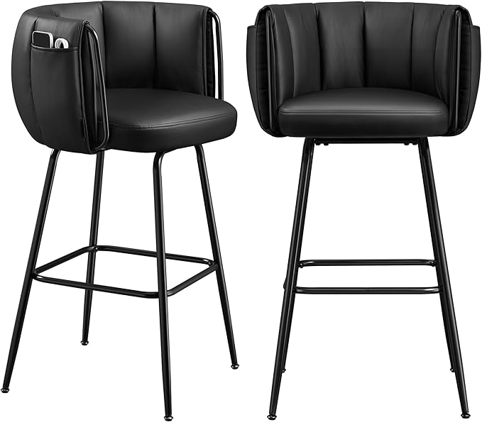 SONGMICS HOME 360° Swivel Bar Stools Set of 2, Barstools with Curved Back, Upholstered Counter Bar Stools with Footrest, Metal Tapered Legs, for Kitchen Island, Dining Room, Ink Black ULBC123B02