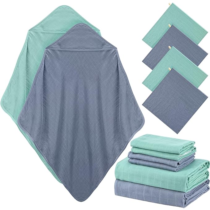 Preboun 6 Pcs Muslin Hooded Baby Towels and Washcloths 32"x 32" Cotton Newborn Bath Towel Anti-Shrink Infant Baby Blankets with Hood 12"x 12" Washcloths for Girl Boy Toddler(Green,Blue)