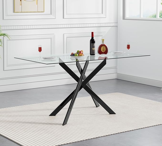51" Rectangular Glass Dining Table Modern Kitchen Glass Top Table for 4 with Black Metal Legs, Clear Dining Table Kitchen Table for Home Office Dining Room