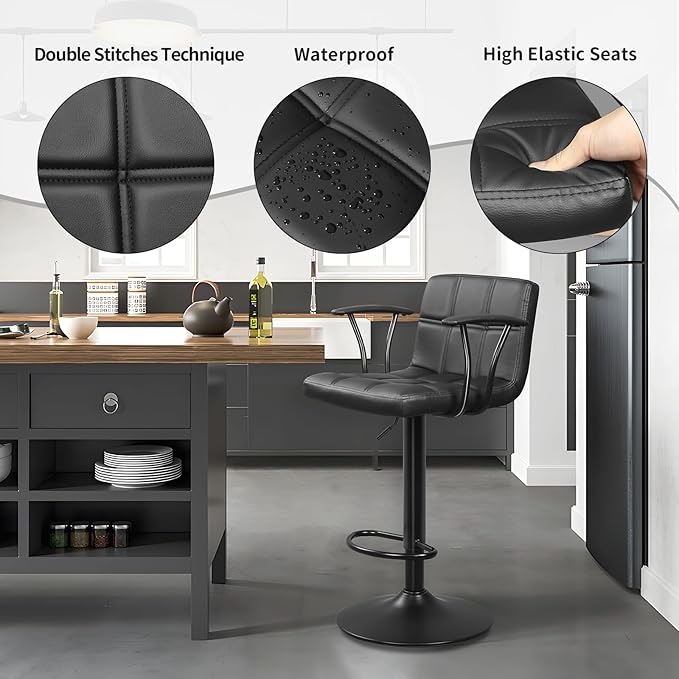 Bar Stools Set of 2, Armrest Adjustable Swivel Barstools with Back, Double Needle PU Leather Counter Height Chairs for Kitchen lsland (Black)
