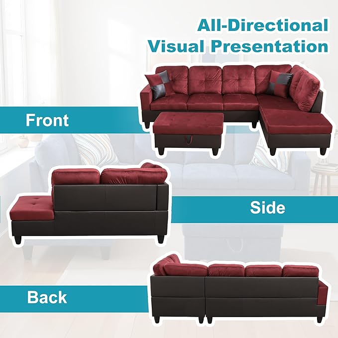 Couches for Living Room Modern L Shaped Couch Comfy Flannel Fabric 3 Pieces Sectional Sofa with Chaise, Ottoman with Storage for Office and Small Apartment, Red