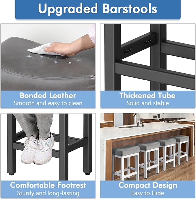 Counter Height Bar Stools Set of 3, 24 Inch Barstools for Kitchen Island Counter, Bonded Leather Kitchen Stools with Thick Saddle Seats & Heavy Duty Metal Base, Easy Assembly, Gray/Black