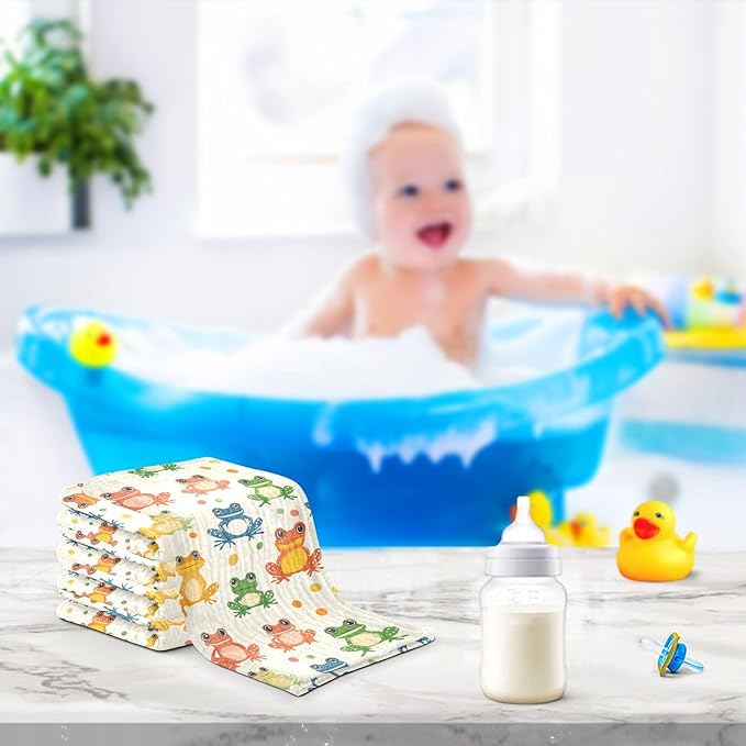 Newborn Face Towel Cute Frogs Soft Cotton Baby Washcloths 11.8 x 11.8 Inch Infants Girls Boys Muslin Burp Cloths 5 Pack