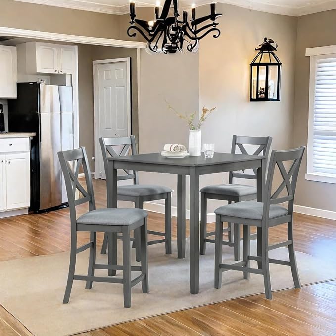 5PCS Dining Table Set, Counter Height Kitchen Table Set with Square Table and 4 Upholstered Chairs, Square Dining Table Set for 4, Gray