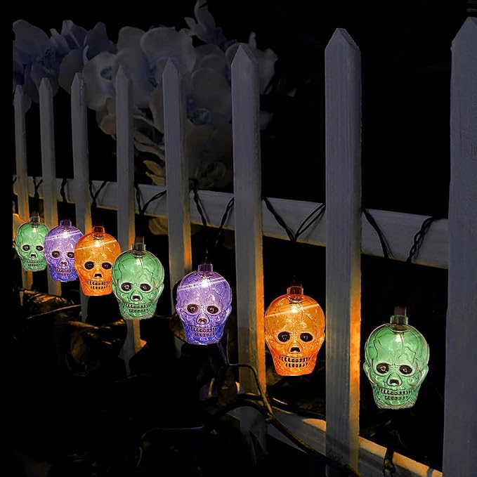 GOOTHY Halloween Skull String Lights 8.5Ft Outdoor Halloween Decorations Lights with 10 LED Orange Purple Green Skeleton Light, Plug in Skeleton Lights for Indoor Party Window Patio Bedroom Decor