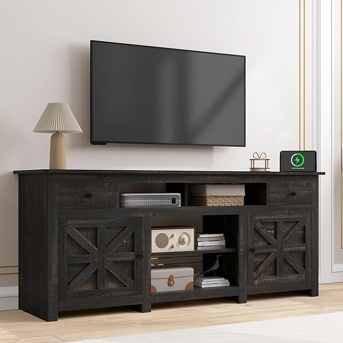 DWVO Farmhouse TV Stand for 75/80 Inches TVs, Entertainment Centers Furniture 30" Tall, TV Consoles with Storage Drawers & Power Outlet, Rustic TV Stands for Living Room, Dark Rustic Oak