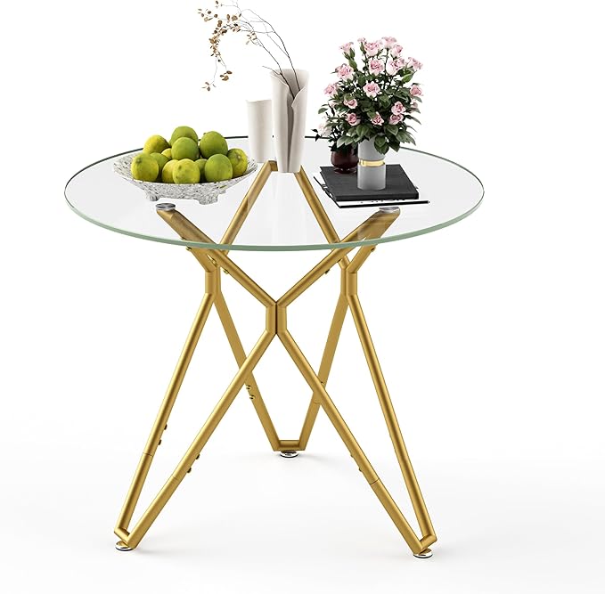 35.4" Round Dining Table for 4, Modern Clear Glass Kitchen Table for 4 with Gold Metal Legs, Compact Small Circle Dining Room Leisure Tables for Kitchen Apartment