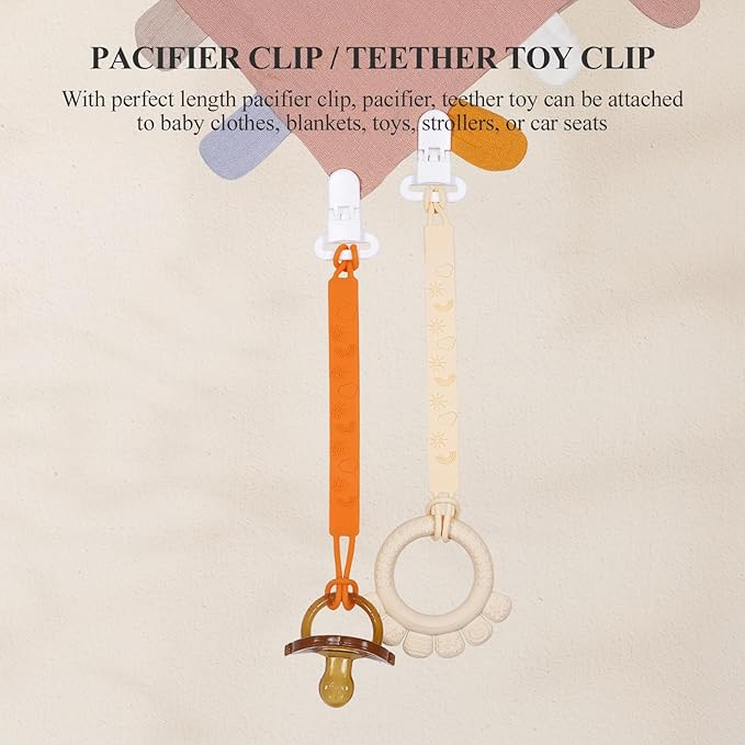 One Piece Design Silicone Pacifier Clip Holder for Baby Boys and Girls,Pack of 4 Flexible Paci Leash,Binky Clips,Newborn Essentials (Sun & Cloud & Rainbow, Yellow)