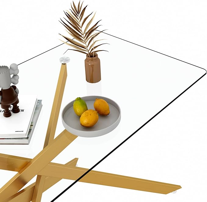 60" Rectangular Glass Dining Table Modern Kitchen Glass Top Table for 6 with Gold Metal Legs, Clear Dining Table Kitchen Table for Home Office Dining Room