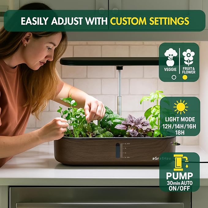 Hydroponics Growing System Kit, Indoor Herb Garden, 14 Pods Upgraded LCD Display, LED Grow Light Quiet Smart Water Pump Automatic Timer, Hydroponic Planter for Home Kitchen Office