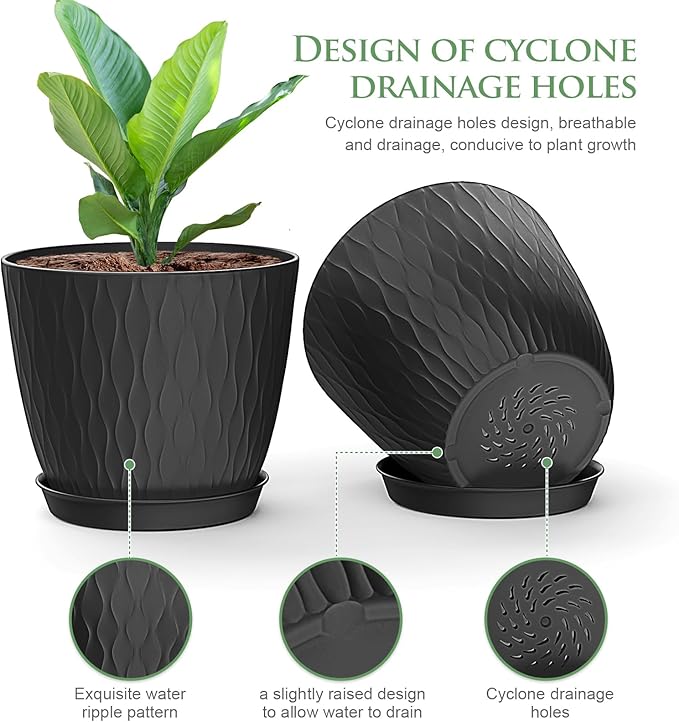 6 inch Plant Pots, 5 Pack Flower Pots with Drainage Holes and Saucers for Indoor Plants, Plastic Planters with Water Ripple for Small Garden House Plants, Nursery Pots for Succulent, Black