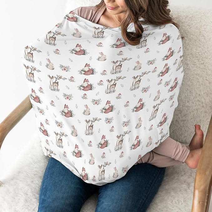 Neutral Boho Animal Baby Car Seat Covers Deer Rabbit Fox Floral Mushroom Stretchy 5-in-1 Cover Adjustable Infant Carseat Canopy Cover Baby Forest Animals Breathable Nursing Cover-Up