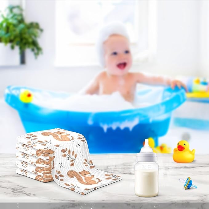 vvfelixl Baby Muslin Washcloths Cute Squirrel with Tail Baby Burp Cloths Cotton Babys Face Towel for Newborn Infants Boys Girls Soft and Absorbent 11.8 X 11.8 in, 3 Pack