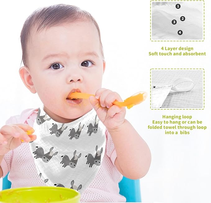 Cute Donkey Baby Washcloths Newborn Muslin Burp Cloths 3 Pack Soft Cotton Baby Face Bath Towel Drool Bibs for Infants, Girls and Boys 11.8 x 11.8 Inch
