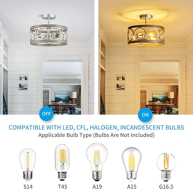 XINGQI 13" Modern 3-Light Brushed Nickel Rustic Semi Flush Mount Ceiling Light Fixture Wood Grain Metal Round Lamp for Kitchen Dining Room Bedroom Entryway