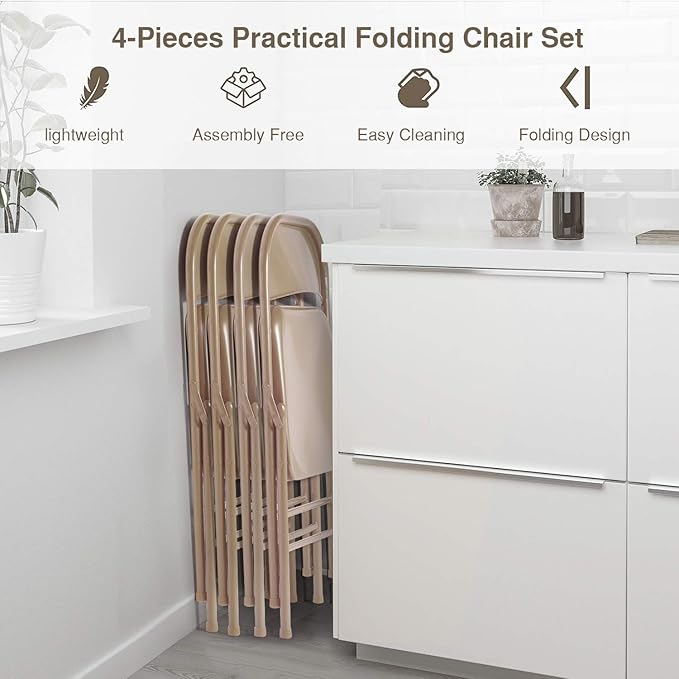 VECELO Metal Folding Chairs 4 Pack, Double Hinged Steel Frame Easy Foldable&Stackable for Office Kitchen Dinning Wedding Patio and Garden