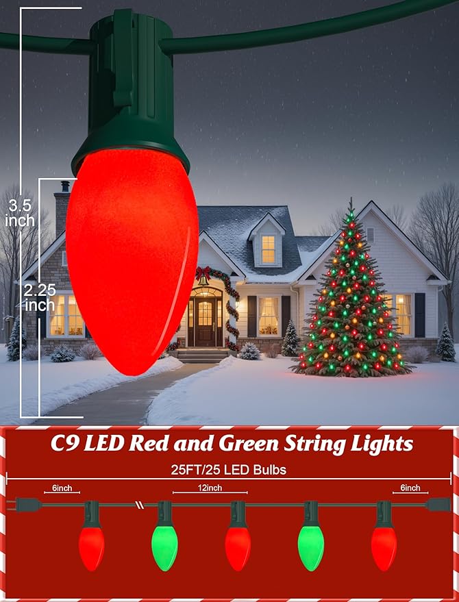 SUNSGNE C9 Red and Green Christmas Lights, 25FT Glass Ceramics Christmas Tree Lights with 26 7W Red White Glass Bulbs(1 Spare) for Backyard Patio Balcony Xmas Decor, Green Wire