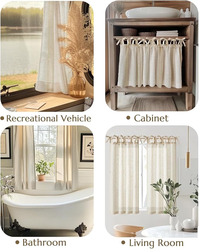 jinchan Tie Top Linen Kitchen Curtains Over Sink 24 Inch Length Tier Curtains Farmhouse Rustic Small Cafe Curtain for Bedroom Living Room Bathroom Half Window Light Filtering Privacy 2 Panels Crude