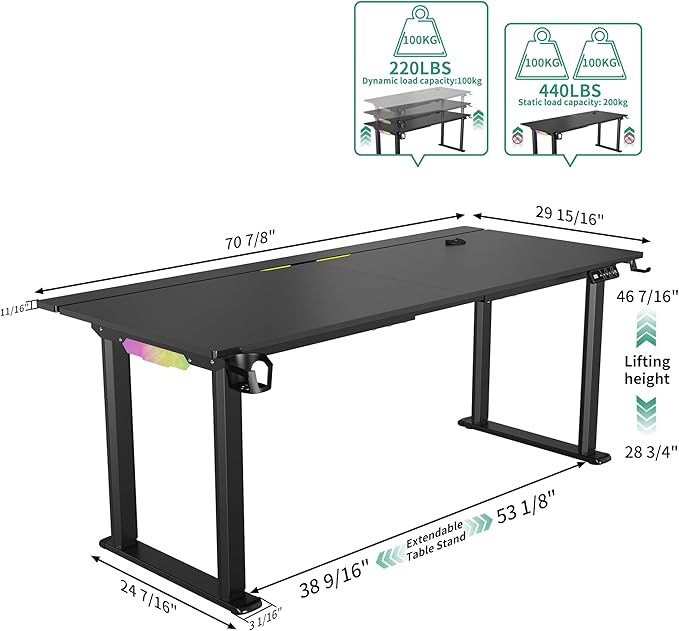 JWX Dual Motor 4 Leg Standing Gaming Desk with LED Lights,71'' Height Adjustable Sit Stand Computer Table, Flip-Up Cable Management Panel, Memory Presets Ergonomic Workstation for Gaming Room Setup