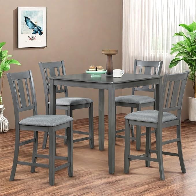 Dining Table Set for 4, Modern 5 Piece Dining Room Table Set with Square Table & 4 Slatted Backrest Upholstered Chairs, Counter Height Kitchen Chairs Set for Small Space, Gray
