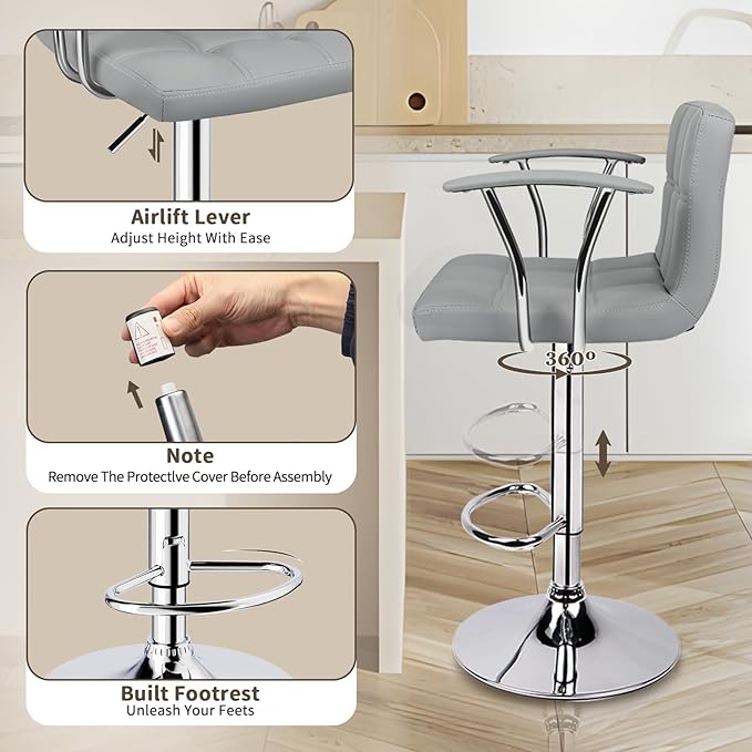 Bar Stools Set of 2,Armrest Adjustable Swivel Barstools with Back,Double Needle PU Leather Counter Height Bar Stools for Kitchen Island, Light Grey