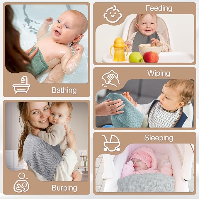 MUKIN Baby Washcloths,Muslin Burp Cloths Towels for Newborns,Absorbent Cotton Bath Face Towel ，5 Pack, 12x12 Inches (Coastal Calm)