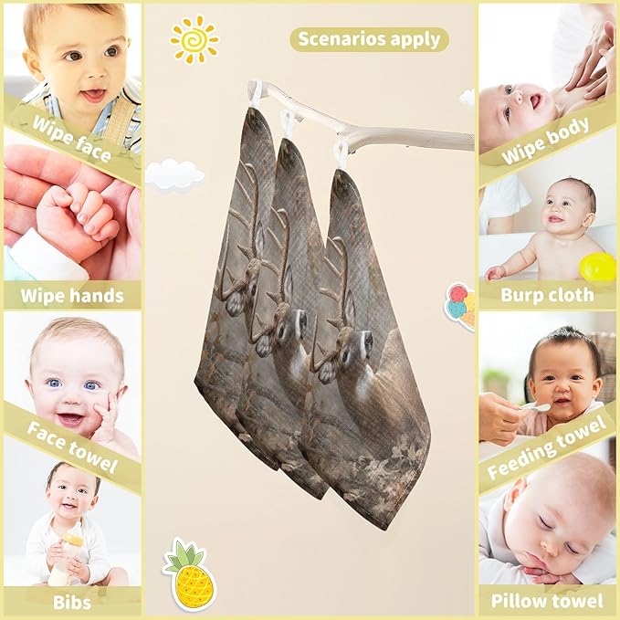 Forest Deer Baby Washcloths Newborn Muslin Burp Cloths 3 Pack Soft Cotton Baby Face Bath Towel Drool Bibs for Infants, Girls and Boys 11.8 x 11.8 Inch