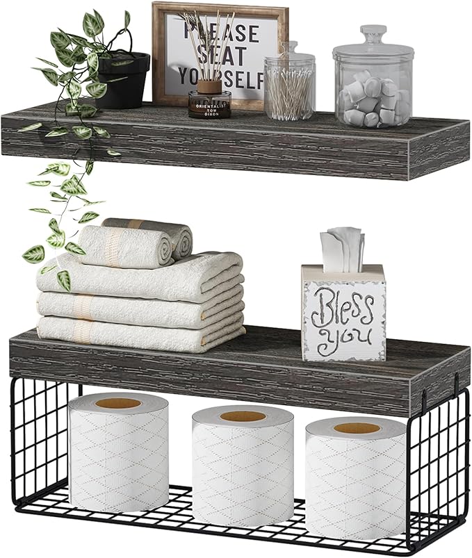 QEEIG Bathroom Shelves Over Toilet - Wall Mounted Floating Shelves Toilet Paper Storage Small Farmhouse Decor Shelf 16 inch Set of 2, Grey (019-GY2)
