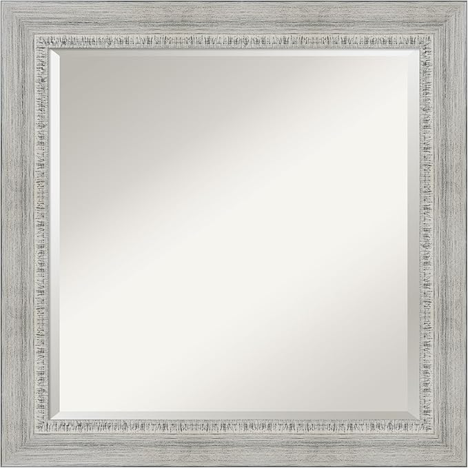 Amanti Art White Bathroom Mirror for Over Sink, 25x25 Rustic White Wash Square Vanity Mirror, Medium Rustic Farmhouse Wood Frame, Hangs Horizonally and Vertically, Bathroom Wall Decor, Beveled Edge