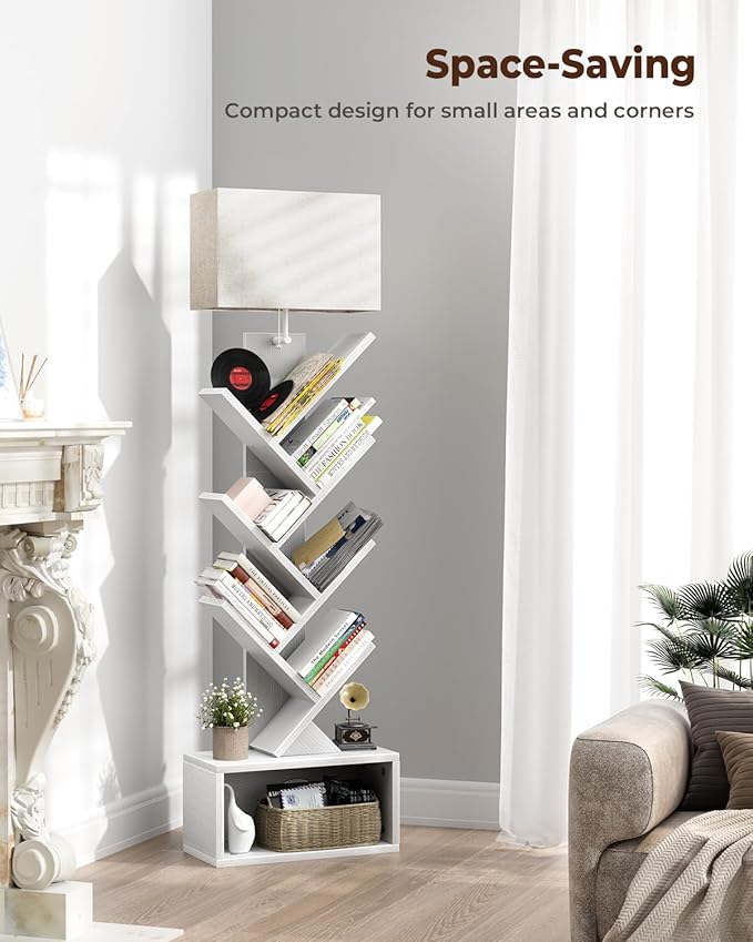 6 Tier Tree Bookshelf with Light, Narrow Bookcase Tower, Tall Floor Standing Book Shelf Organizer with Storage Cabinet for Living Room, Bedroom and Home Office, White