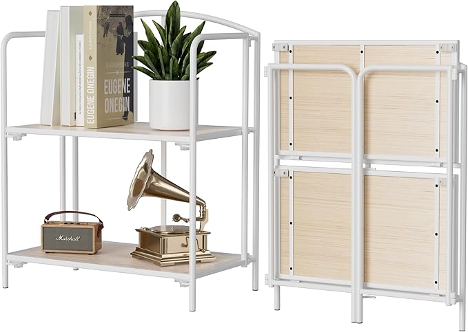 Crofy No Assembly Folding Bookshelf for Living Room, 2 Tier White Collapsible Book Shelf for Home Office, Portable Bookcase Storage Organizer