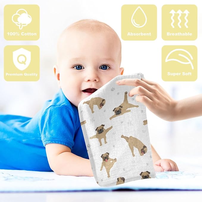vvfelixl Baby Cotton Washcloths Pug Dog Infants Bath Towel for Unisex Face Towels for Newborn, Natural Baby Wipes Delicate Skin, 11.8 X 11.8 inch, one sizex5