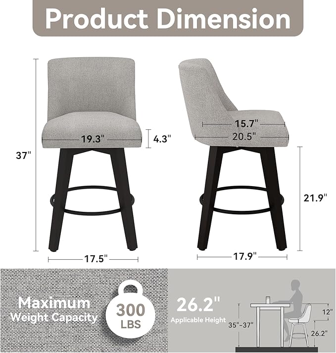 26.8 Inch Counter Height Bar Stools with Back, Swivel Bar Stools Set of 2, Modern Kitchen Barstools with Footrest, Linen Upholstered Bar Chairs, Solid Wood Legs for Island, Pub, Light Grey