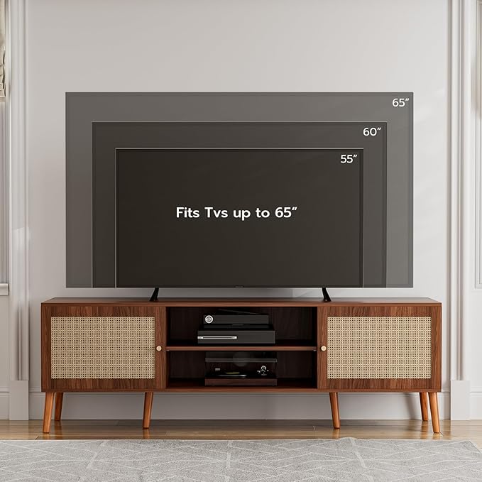 TV Stand for TVs up to 65'', Entertainment Center With Rattan Door, Shelves & 2 Cabinets, Long Boho Media Console for Living Room, Walnut