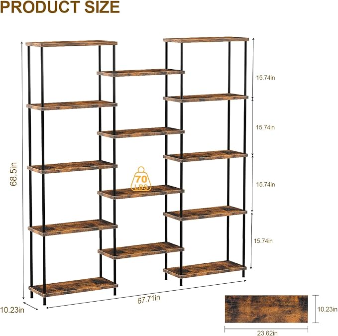 MOOACE 5 Tier Bookshelf, Industrial Style Bookcases with 14 Open Display Shelves, Open Large Storage Bookshelves Shelving with Anti-Falling Device for Bedroom,Living Room, Office Display Cabinet Brown