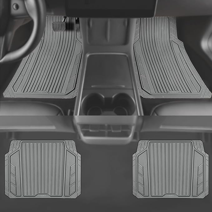 CAR PASS Heavy Duty Sporty Rubber Car Mats, Deep Dish All Weather Car Floor Mats Full Set, Waterproof Anti-Slip Automotive Matts Rugs Trim to Fit for Most Sedans SUVs Vans, 4-Piece All Gray