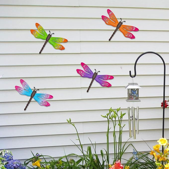Metal Dragonfly Wall Decor, 4 Pack 14inch Metal Dragonfly Wall Hanging Sculpture Decor for Outdoor, Yard Patio Fence Garden Outside Decorations