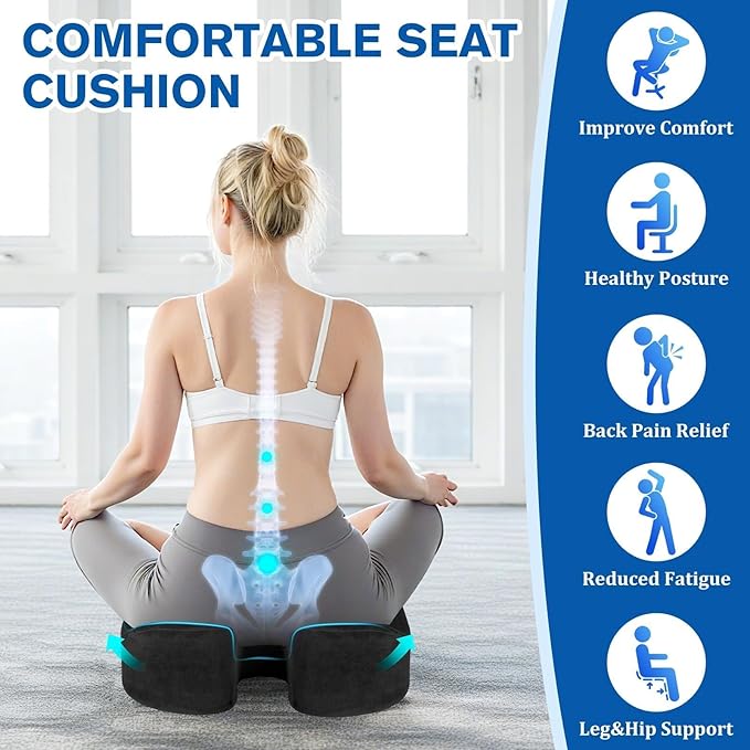 CushyOasis Seat Cushion, Gel Chair Cushions, Office Chair Cushions, Anti-Slip Bottom & Removable Cover Tailbone Pain Relief Cushion, Memory Foam Seat Cushion for Office, Wheelchair, Car (Black)