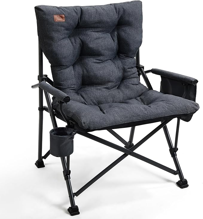 EVER ADVANCED Padded Oversized Folding Camping Chair for Adults, Heavy Duty Lawn Chair with Side Pockets, Portable Collapsible Quad Chair for Outside, Support Up to 500lbs, Black
