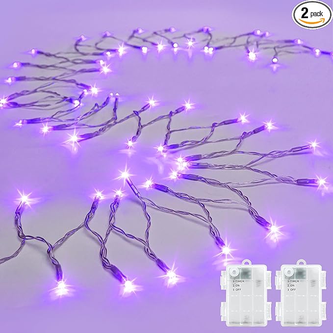 cshare String Lights Outdoor Waterproof 9.8ft 30 LED, Purple Fairy Lights Battery Operated with Timer Clear Wire for Indoor & Outdoor Christmas Halloween Decorations Garland Party Garden 2 Packs