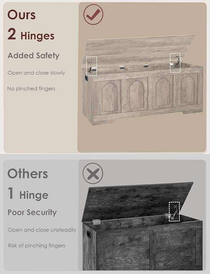 DINZI LVJ Storage Chest, 47.2”Wooden Storage Box with 2 Safety Hinges, Entryway Storage Bench with Flip-Top, Large Trunk for Living Room, Bedroom, Easy Assembly, Greige