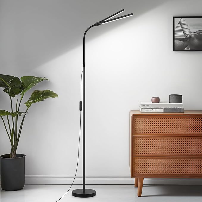 LED Floor Lamp, 18W/2000LM Bright Reading Floor Lamp for Office with Double Head, Adjustable Gooseneck Dimmable Modern Standing Light for Lash Extension Craft, Eye Caring Floor Lamps for Living Room