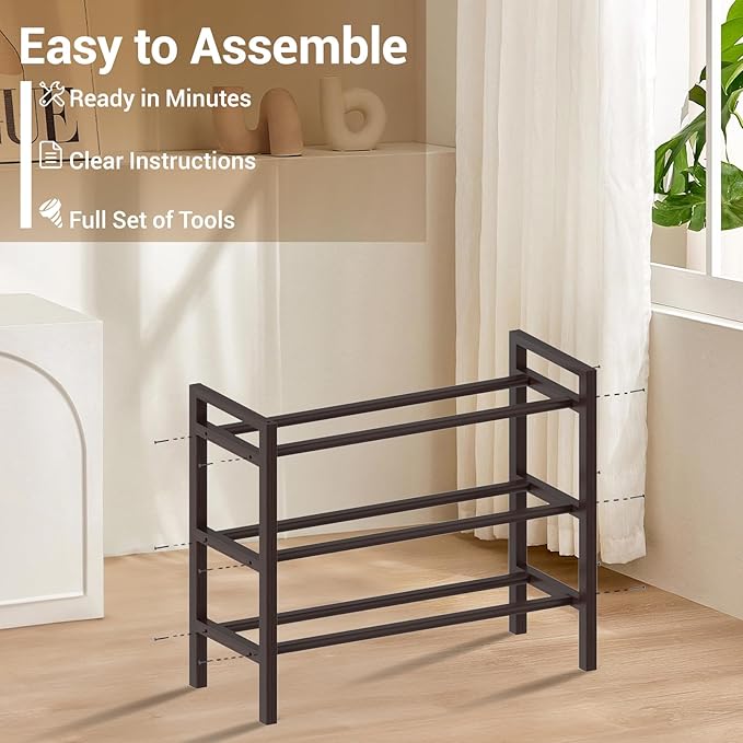 Haddockway Bamboo Shoe Rack for Closet, Free Standing Shoe Organizer with Smooth Round Rods & Convenient Handles, Stackable Shoe Storage Shelf for Entryway, Hallway(Brown, 3-Tier(Small))