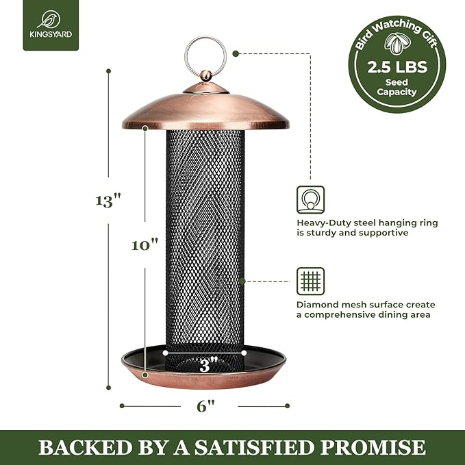 Kingsyard Finch Feeders for Outdoors Hanging, Metal Mesh Tube Bird Feeder for Nyjer/Thistle Seed, 2.5 lbs Large Capacity (Antique Copper)
