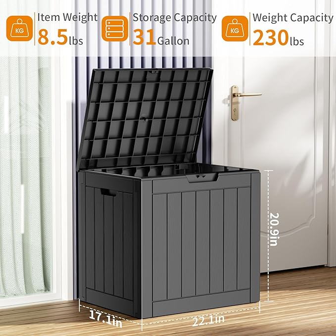 31 Gallon Resin Deck Box, Lockable Patio Outdoor Storage Box for Furniture, Garden Tools and Tools Storage, Waterproof Outside Storage Boxes - Black