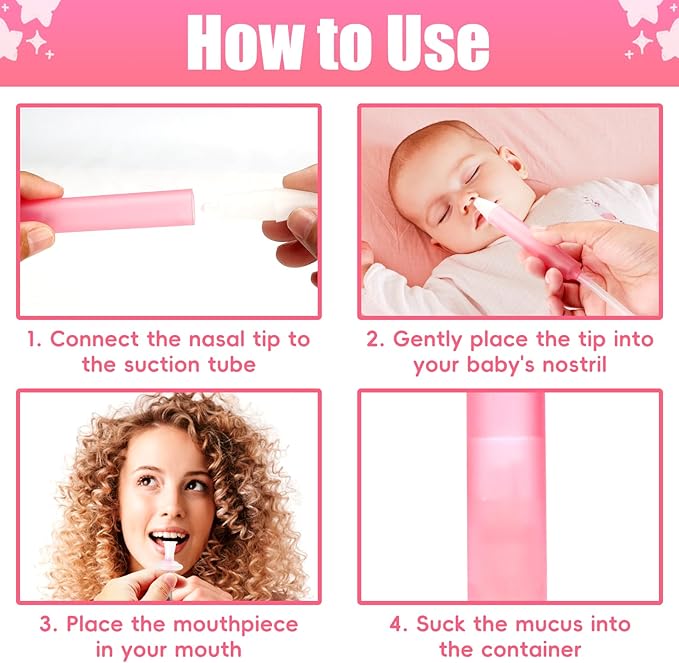 Baby Nasal Aspirator Nasal Congestion Relief with 25 Hygiene Filters 2 Silicone Tips with Nose Cleaning Tweezer, Pink