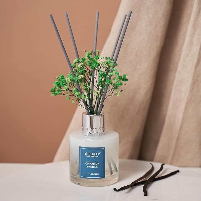 Airkeep Reed Diffuser Set,3.38 fl oz (100 ml) - Cinnamon Vanilla Oil Diffusers with 8 Reed Sticks, Home Fragrance Reed Diffuser for Bathroom Shelf Decor