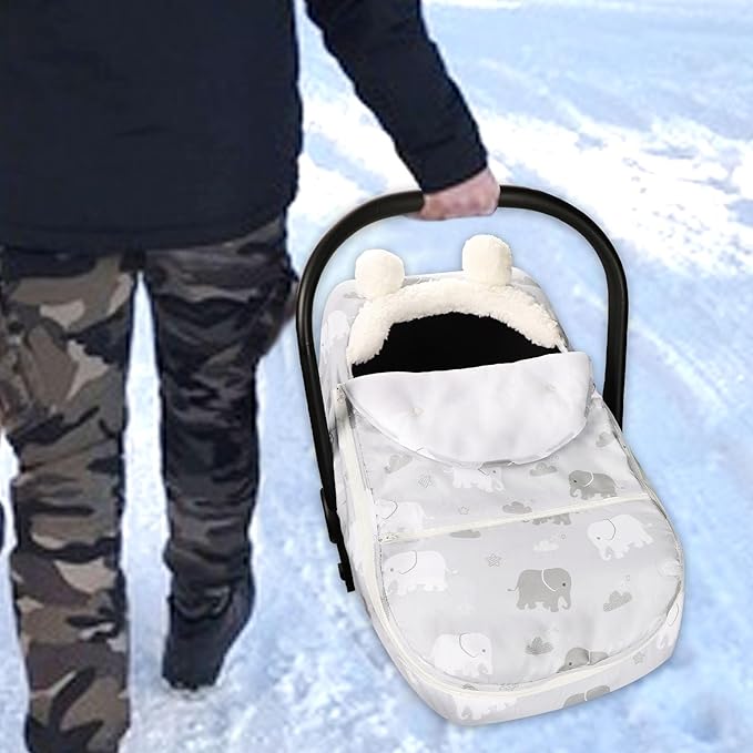 Carseat Cover Boys, Winter Cozy & Warm Cover, Elephant Baby Car Seat Cover, Infant Car Seat Canopy, Ultra-Soft Breathable Protect Baby from Cold Wind, Zipped Removable Design